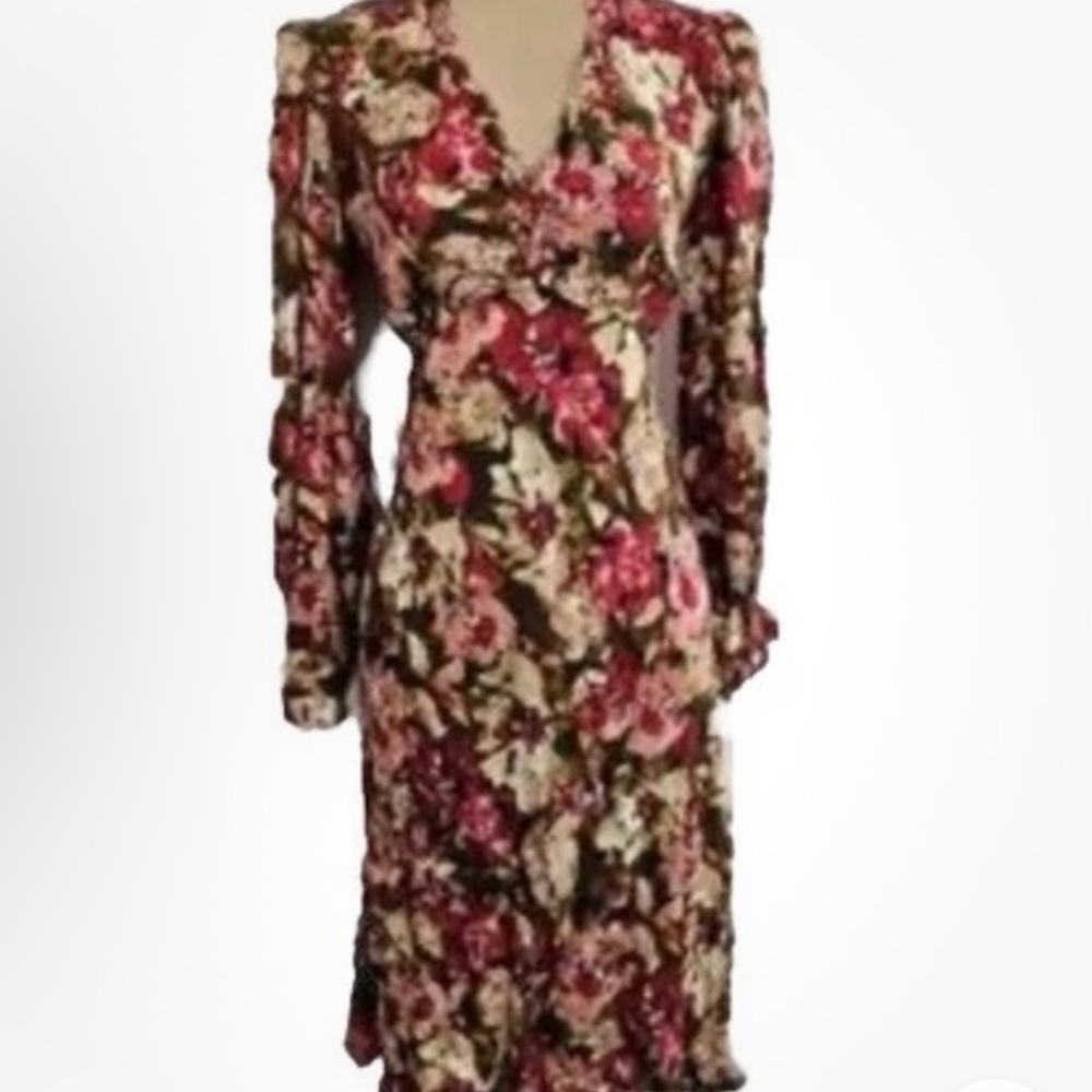 Sam Edelman Illora Midi Dress Floral Blooms SZ Small Long Sleeve NWT $149 V-Neck
